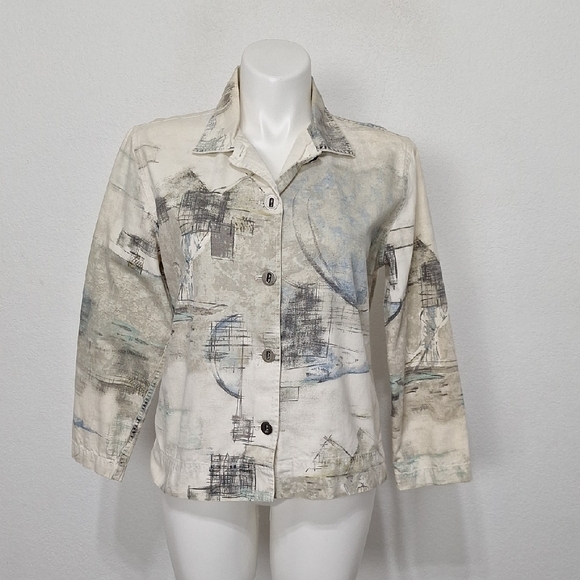 Chico's Cream and Gray Abstract Print Button Front Boxy Cotton Jacket Size L - Picture 1 of 10